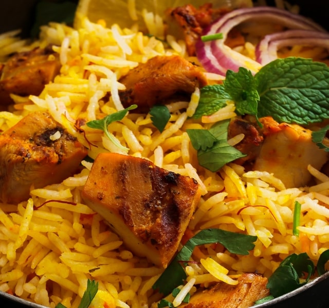 A freshly-cooked biryani dish